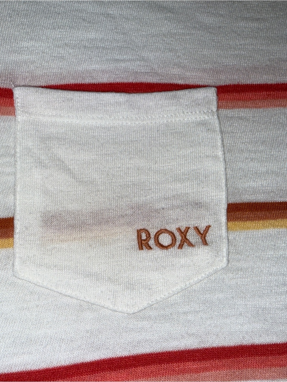Roxy Women’s White Striped Pocket Tee with Red & Mustard Accents, Size Medium - Picture 2 of 4